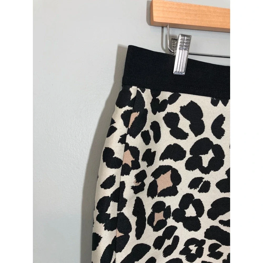 Ann Taylor Pencil Skirt Women 10 Ivory Black Tan Leopard Print Elastic Waist